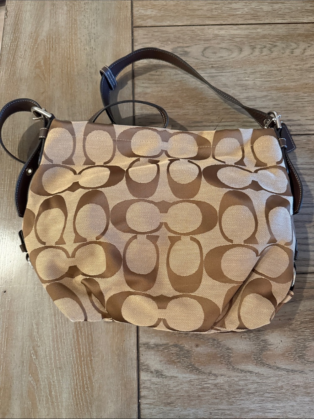 Coach Brown Signature Canvas Shoulder Bag with Dark Brown Trim